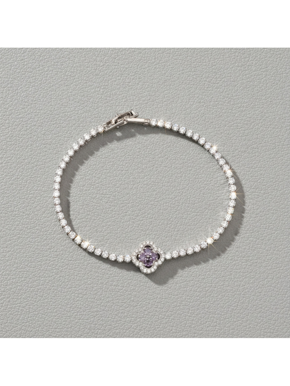 candy+clover Lilac and Clear Crystal Clover Silver Tone Tennis Bracelet